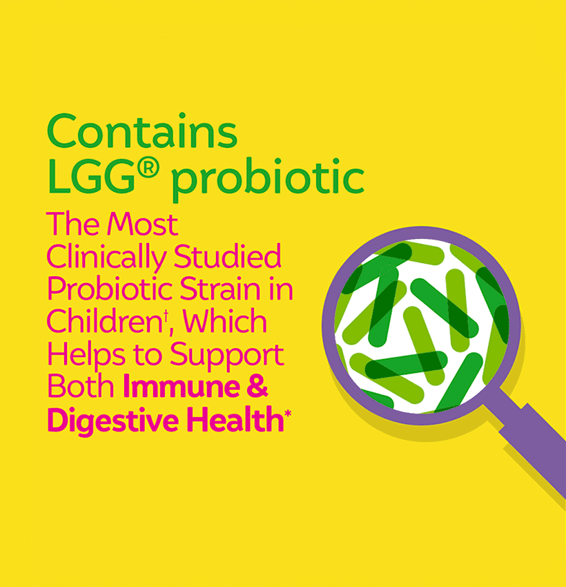culturelle-kids-purely-probiotics-chewables-tile-3 contains LGG probiotic the most clinically studied probiotic strain in children which helps support both immune and digestive health