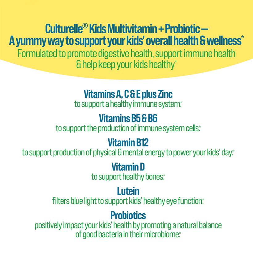 culturelle-kids-multivitamin-probiotic-gummies-lutein-tile-1 culturelle kids multivitamin and probiotic have vitamin A C E B5 B6 B12 D Zinc Lutein and probiotics