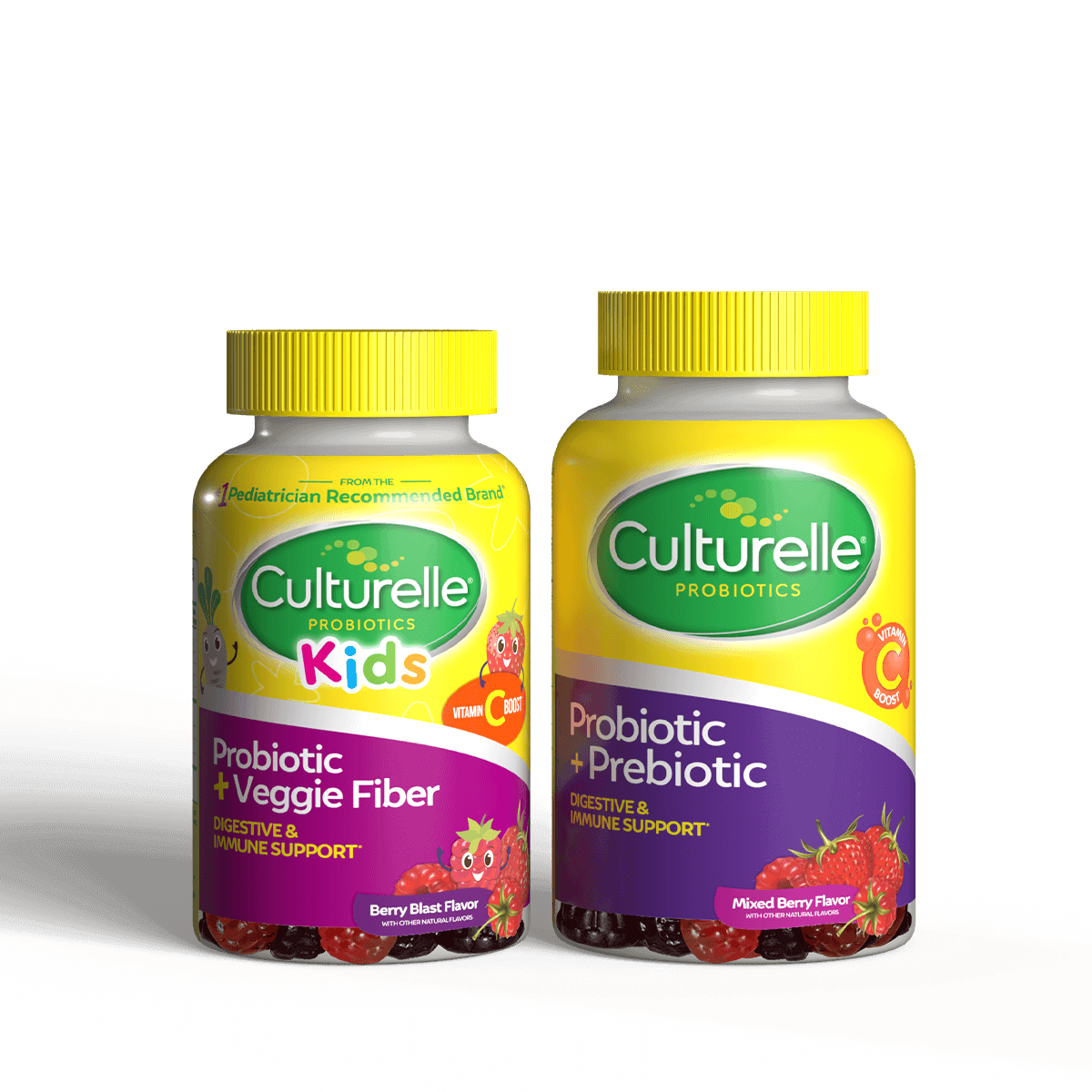 culturelle-probiotic-gummy-family-bundle-hero Culturelle probiotic and veggie fiber and probiotic and prebiotic bottles